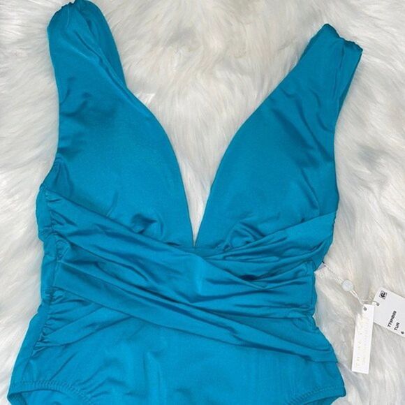 Trina Turk Womens Plunge Wrap Front One Piece Swimsuit Turquoise//Getaway Solids - Picture 9 of 10